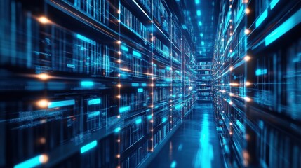 Futuristic library corridor with glowing shelves full of digital data.