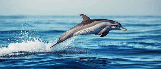 Obraz premium A graceful dolphin leaps from the sparkling ocean waters, showcasing its agility and beauty against a serene backdrop.