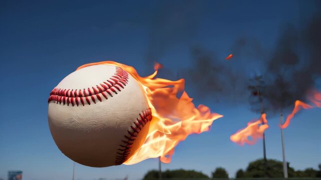 Baseball ball on fire in the air, sports concept.