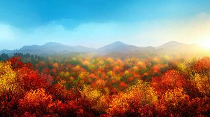 A beautiful autumn landscape with a bright sun shining on the trees. The sky is blue and the mountains in the background are covered in trees
