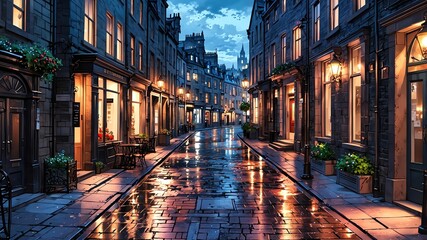 Obraz premium a street in edinburgh scotland aesthetic anime style for background
