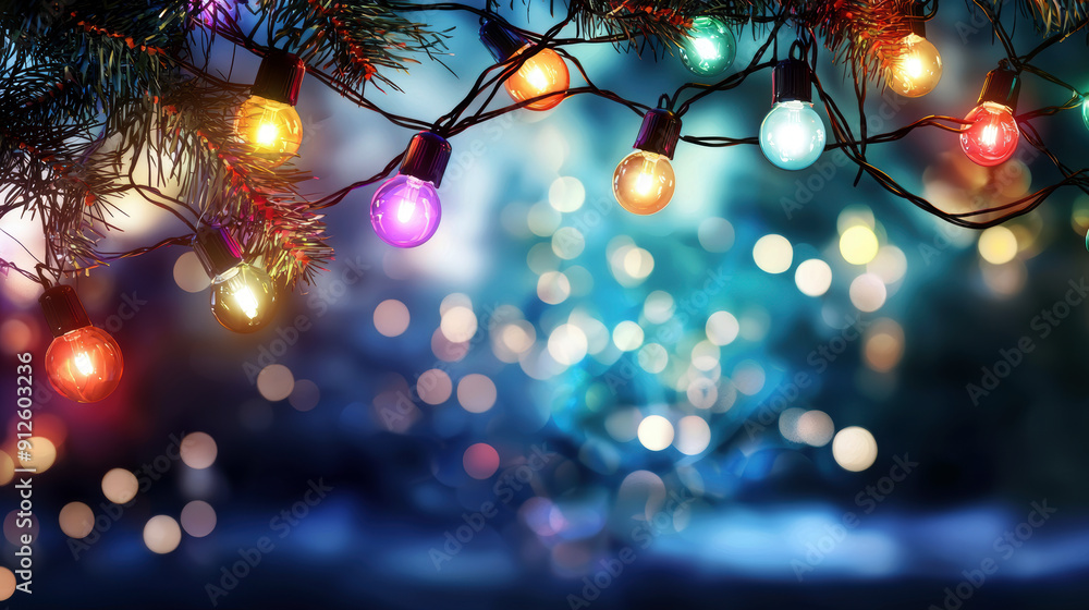 Poster a christmas tree with many lights hanging from it. the lights are of different colors and are strung