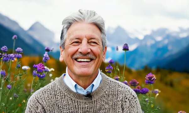 Medium shot portrait video of a pleased man in his 50s wearing a cozy sweater against an alpine meadow or mountain wildflowers background