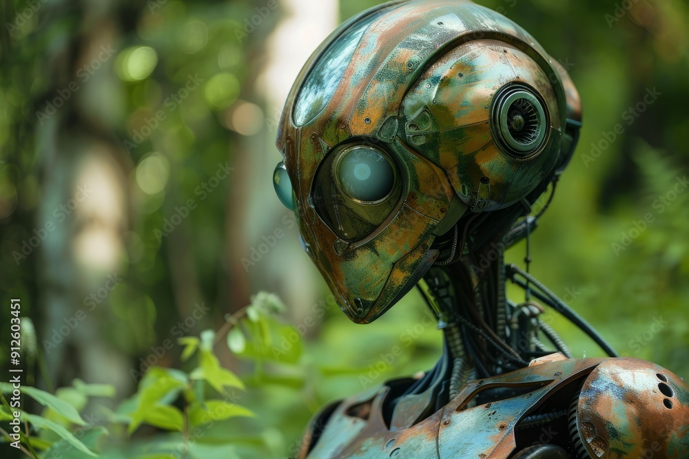 Poster futuristic robot with a weathered metallic finish exploring a lush green forest
