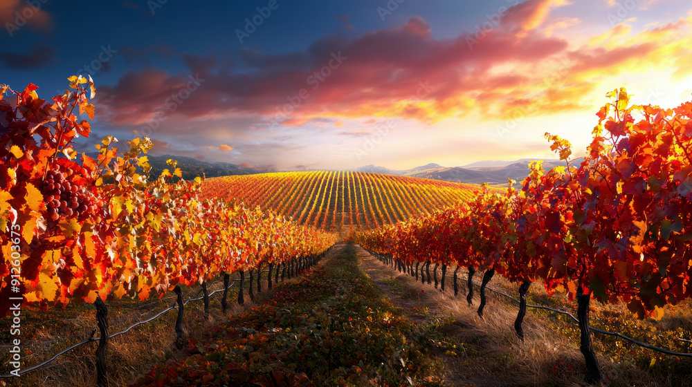 Poster a row of grape vines with leaves that are orange and yellow. the vines are in a field and the sky is