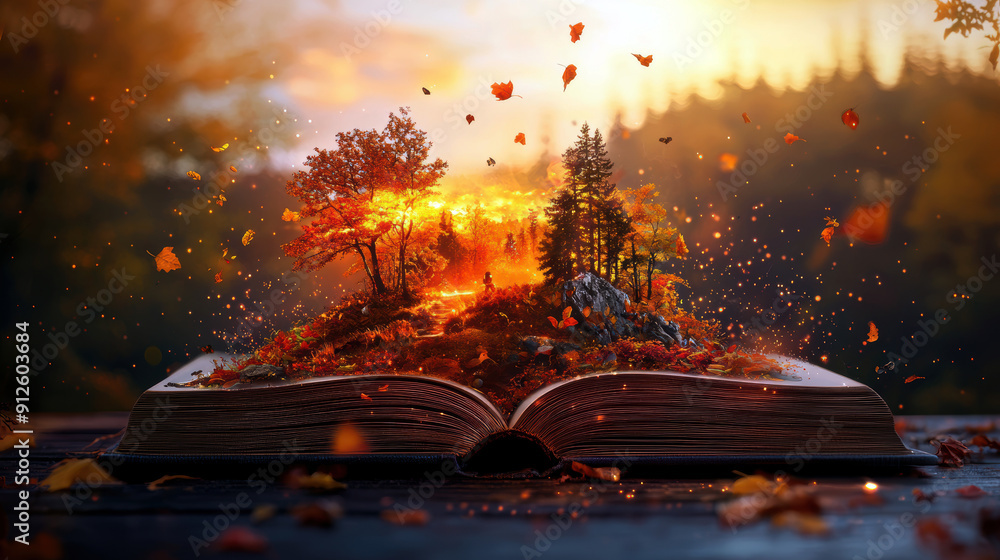 Poster a book is open to a page with a forest scene. the trees are on fire, and there are leaves scattered 