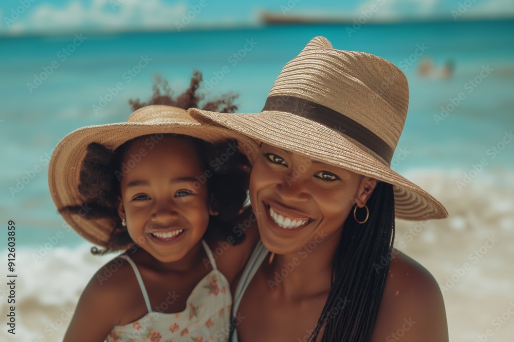 Poster a cute mother and daughter enjoying a seaside vacation together, wearing hats and playing on the bea