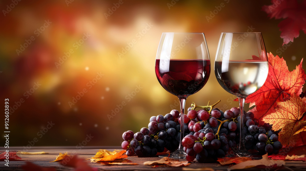 Poster two wine glasses with red wine and a bunch of grapes on a table. the image has a warm and inviting m