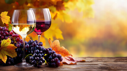 A wine glass with a red wine and a white wine on a table with grapes and leaves. The wine glasses are placed next to each other and the grapes are scattered around them