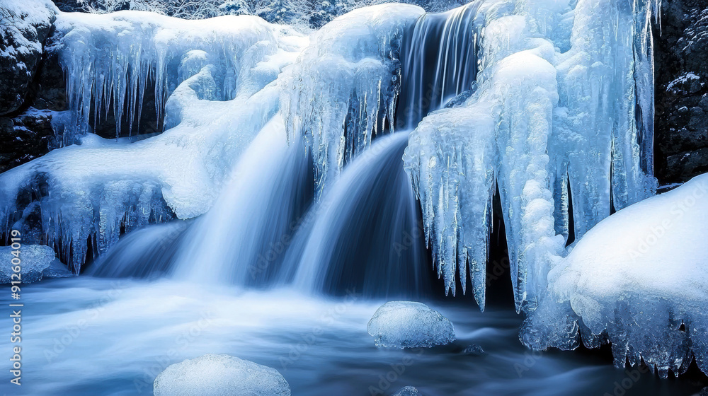 Wall mural A frozen waterfall with ice crystals hanging from it. The water is still and calm, creating a serene and peaceful atmosphere