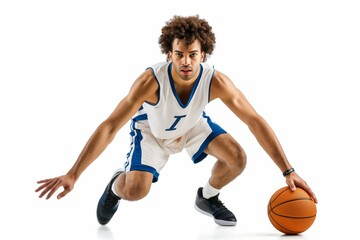A muscular basketball player in uniform, engaged in training, demonstrating skill and teamwork on the court.