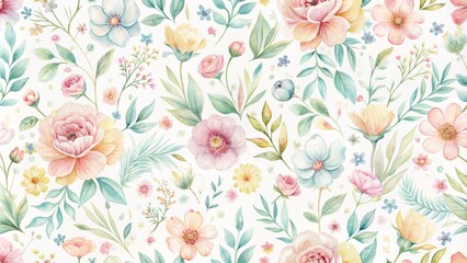 Delicate watercolor flowers in soft pastel hues against a clean white background create a charming, repeating pattern perfect for fabrics, home decor, and gift wrapping.