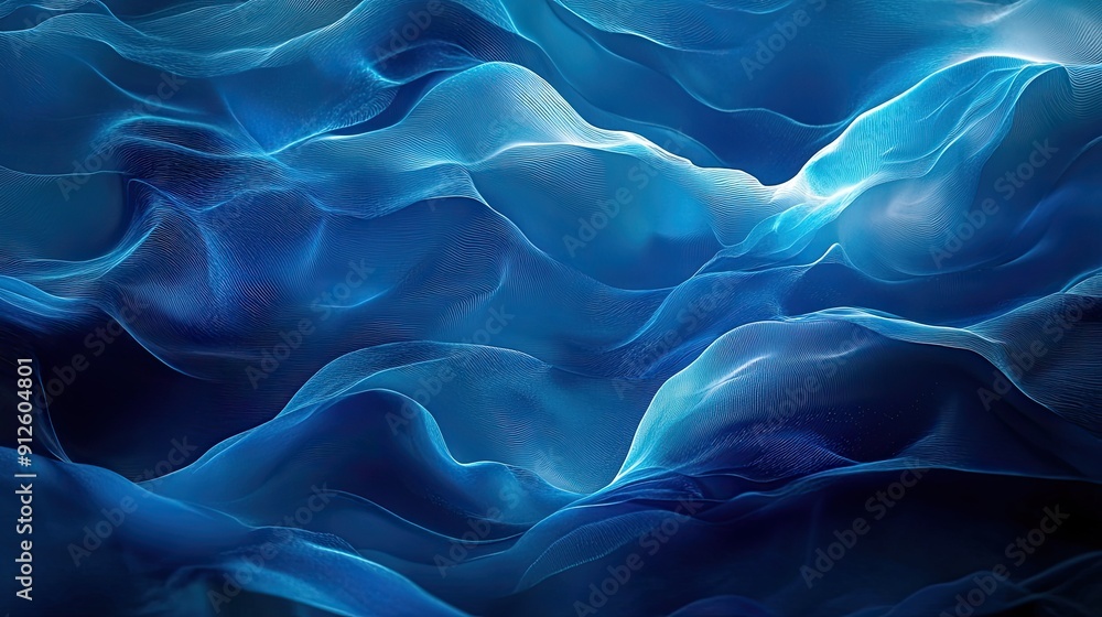 Poster ocean-inspired 3d blue background with fluid waves and soft lighting, creating a calming and serene 