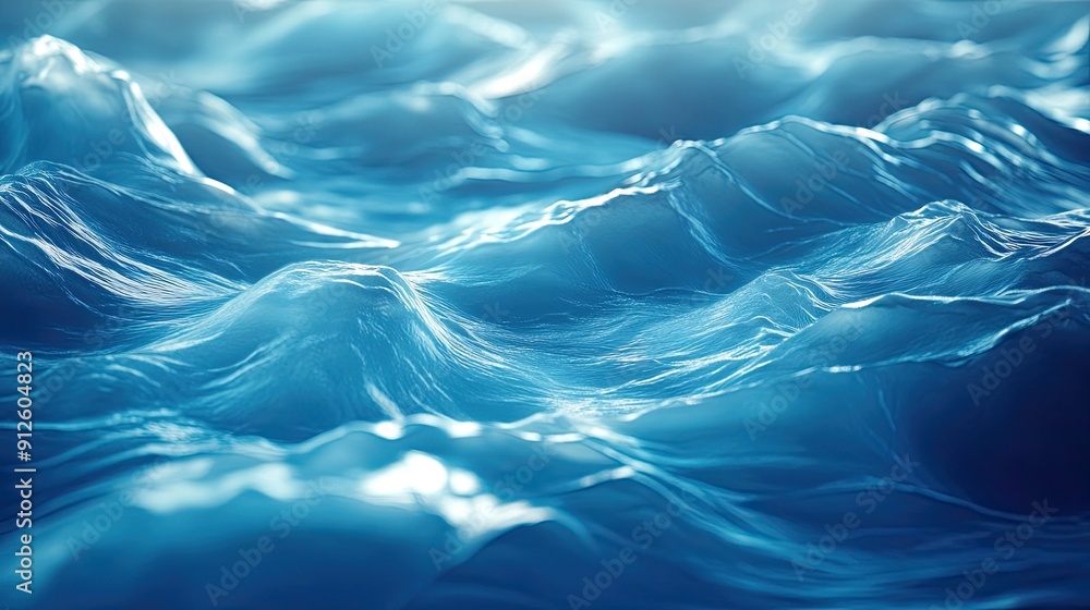 Poster ocean-inspired 3d blue background with fluid waves and soft lighting, creating a calming and serene 