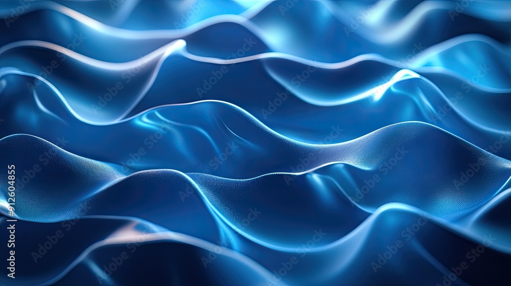Poster ocean-inspired 3d blue background with fluid waves and soft lighting, creating a calming and serene 