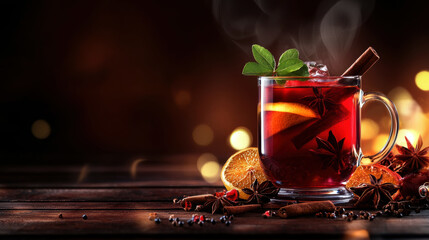 A mug of hot chocolate with a sprig of mint and a cinnamon stick. The mug is on a wooden table with a few oranges and some spices. Scene is cozy and warm, perfect for a cold winter day