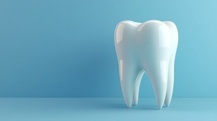 A large white 3D model of a tooth on the right side, against a light blue background, clean and minimalist style, dental health concept, professional product photography.