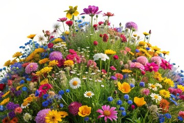 Colorful small hill overflowing with vibrant wildflowers in shades of pink, yellow, and blue, isolated on a transparent background for decorative design.