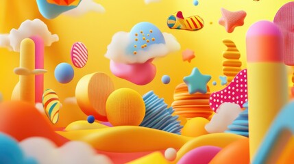 Playful 3D yellow background with whimsical shapes and bright colors, perfect for fun and cheerful visuals.