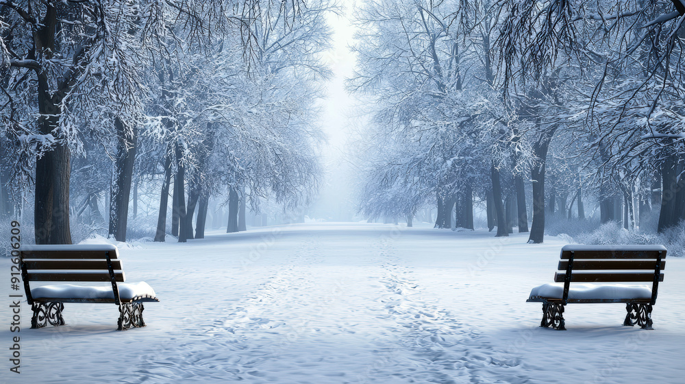 Poster a snowy park with two benches and a path in the background