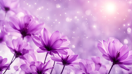 A purple flower field with a bright sun in the background