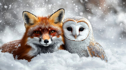 Fototapeta premium A fox and an owl are sitting in the snow