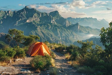 Camping tent, tourist camp in the mountains, outdoor adventure, summer concept, nature landscape, sunset over the peaks, vibrant colors in the sky