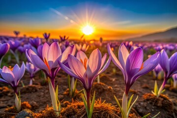 Vibrant purple saffron flowers stretch towards the sky as the sun sets behind, casting a warm orange glow on the serene, natural landscape.