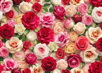 Naklejka premium Vibrant red, pink, and white roses create a stunning floral pattern against a soft focus background, perfect for romantic wall decor or elegant wallpaper designs.