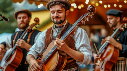 Musicians Performing Traditional Folk Music at a Vibrant Festival in Autumn Evening