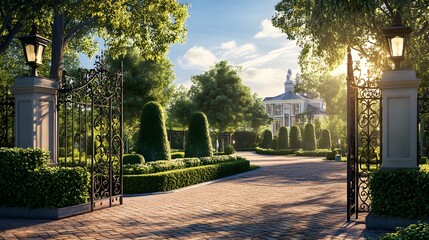 Obraz premium Elegant garden entrance, ornate iron gates, brick pathway with herringbone pattern, manicured hedges, topiary trees, classical lamp posts, sunny blue sky, bright daylight, vibrant green foliage.