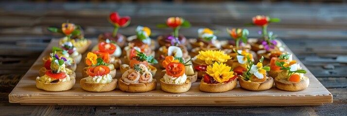 Fototapeta premium Appetizer and Canapes on Rustic Wooden Tray with Floral Table Decor