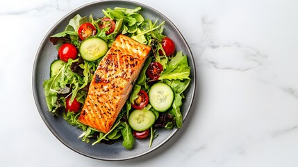 Grilled salmon fillet on a gray ceramic plate, surrounded by fresh mixed salad with avocado, cucumber, and cherry tomatoes, placed on a white marble countertop, food photography.
