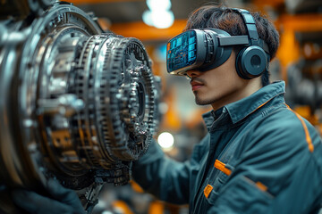 A mechanic using augmented reality glasses to repair an advanced engine
