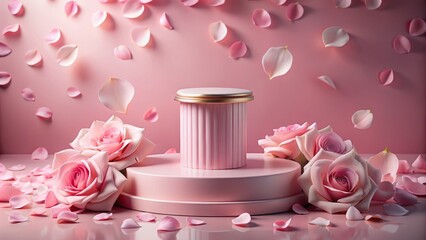 Elegant pink product pedestal on solid background surrounded by gently falling rose petals, exuding luxury and premium beauty, perfect for high-end fashion, cosmetics, and spa gifts.