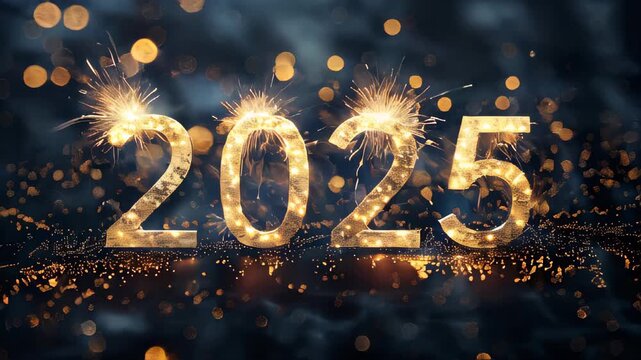 2025 Golden New Year Sign with Glowing Particles