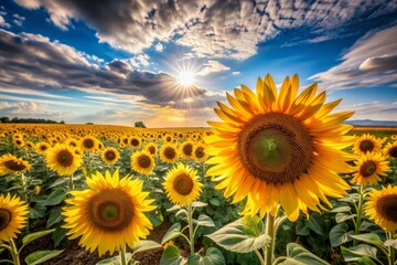 Obraz premium Vibrant yellow sunflowers stretch towards the sky in a seemingly endless field, their bright petals and tall stature creating a stunning natural landscape.