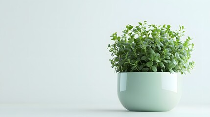 Lush green herb plant, round pale mint green ceramic pot, minimalist design, white background, soft diffused lighting, crisp focus, high detail, vibrant foliage, clean aesthetic.