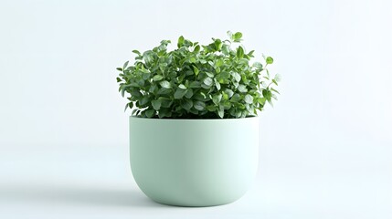 Fototapeta premium Lush green herb plant, round pale mint green ceramic pot, minimalist design, white background, soft diffused lighting, crisp focus, high detail, vibrant foliage, clean aesthetic.