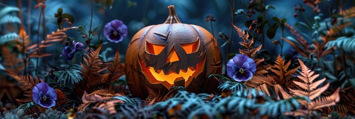 Obraz premium Spooky Jack o lantern Pumpkin with Happy Halloween Carving Surrounded by Pansy Flowers and Ferns