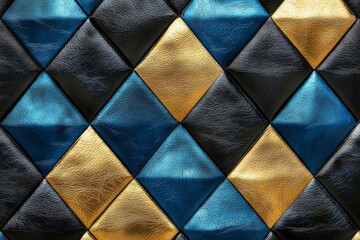 Abstract seamless leather background in geometric shapes and in blue, gold and black colors