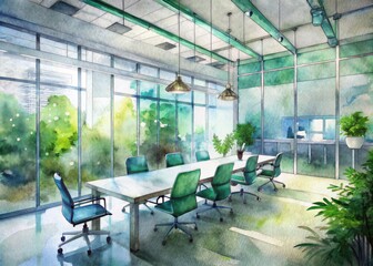 Modern office room with sleek desks, ergonomic chairs, and futuristic lighting fixtures, surrounded by glass walls and a living green wall, exuding innovation and creativity.