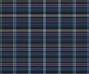 Plaid pattern, black, red, blue, yellow, seamless for textiles and design clothing, skirts, pants, aprons, tablecloths, blankets or decorative fabrics. Vector illustration.