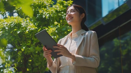 Fototapeta premium Businesswoman Holding Tablet Outdoors in Green Urban Environment