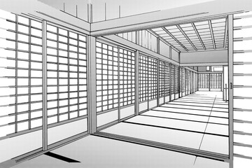 漫画風ペン画イラスト　和風_室内