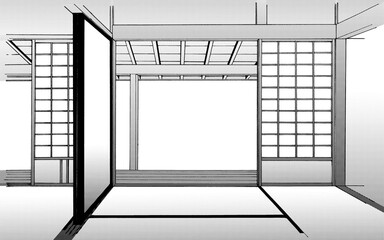 漫画風ペン画イラスト　和風_室内