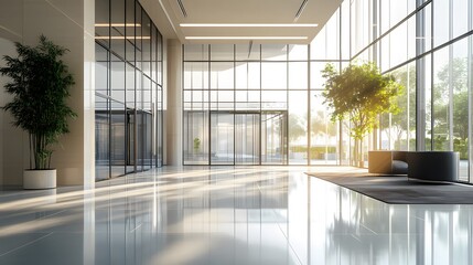 Fototapeta premium Modern office lobby, glass entrance doors, bright interior, floor-to-ceiling windows, reflective tiled floor, sleek minimalist design, abundant natural light, sunbeams streaming in.