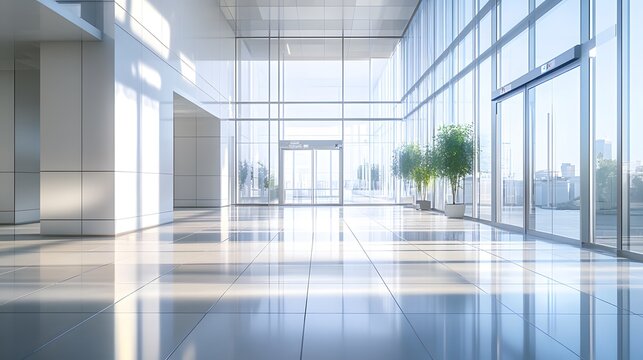 Modern office lobby, glass entrance doors, bright interior, floor-to-ceiling windows, reflective tiled floor, sleek minimalist design, abundant natural light, sunbeams streaming in.