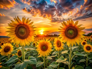 Obraz premium Vibrant yellow sunflowers stretch towards the sky, set against a breathtaking backdrop of warm oranges and pinks, as a stunning sunset fades into the horizon.