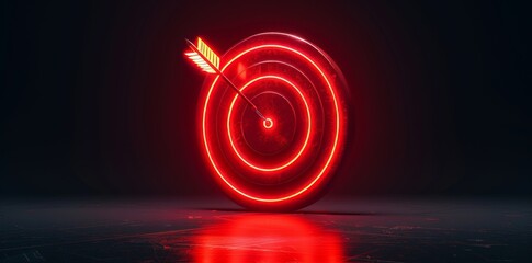 red arrow hits the center of the target glowing with neon red light on a dark background, symbolizes success in business, copy space, place for text